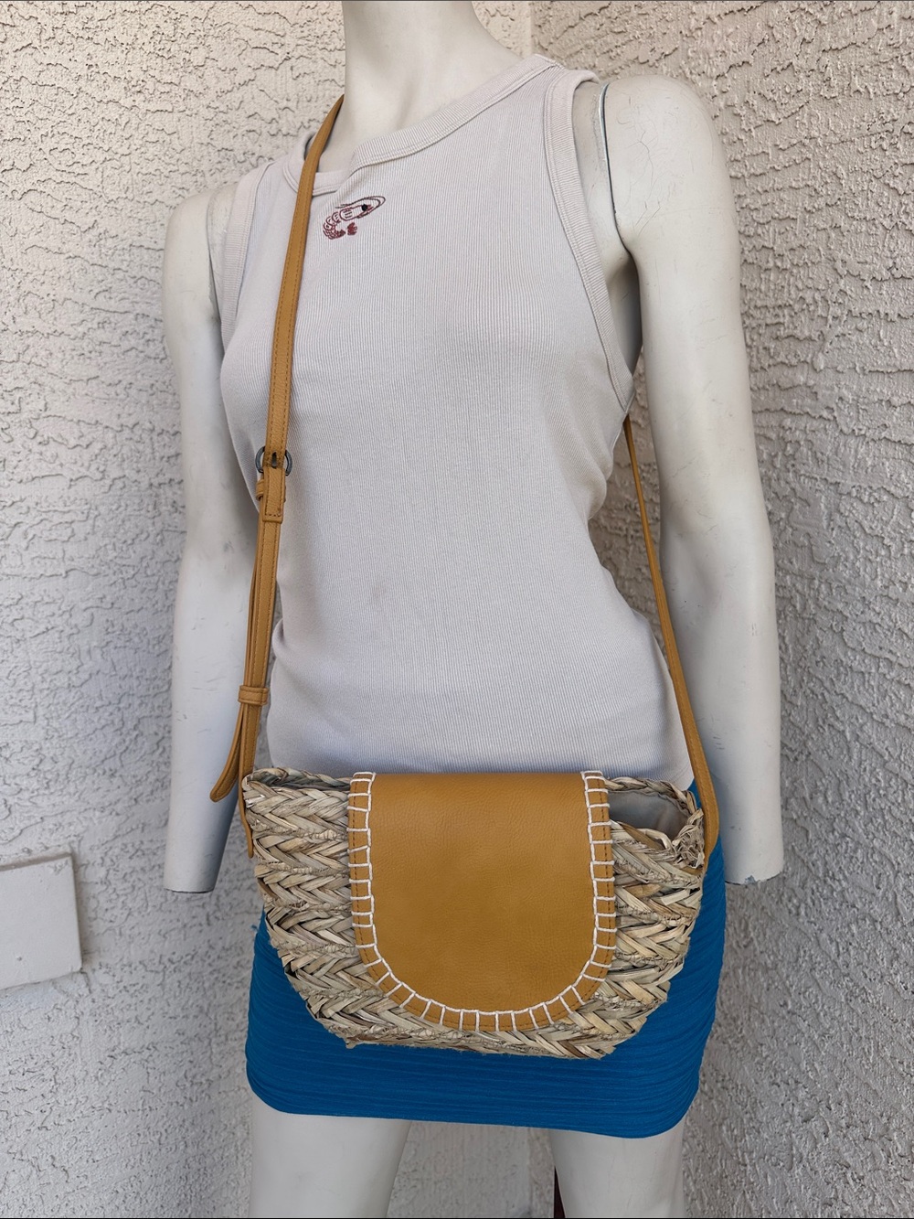 Universal Thread Woven Straw Crossbody with Mustard Leather Flap